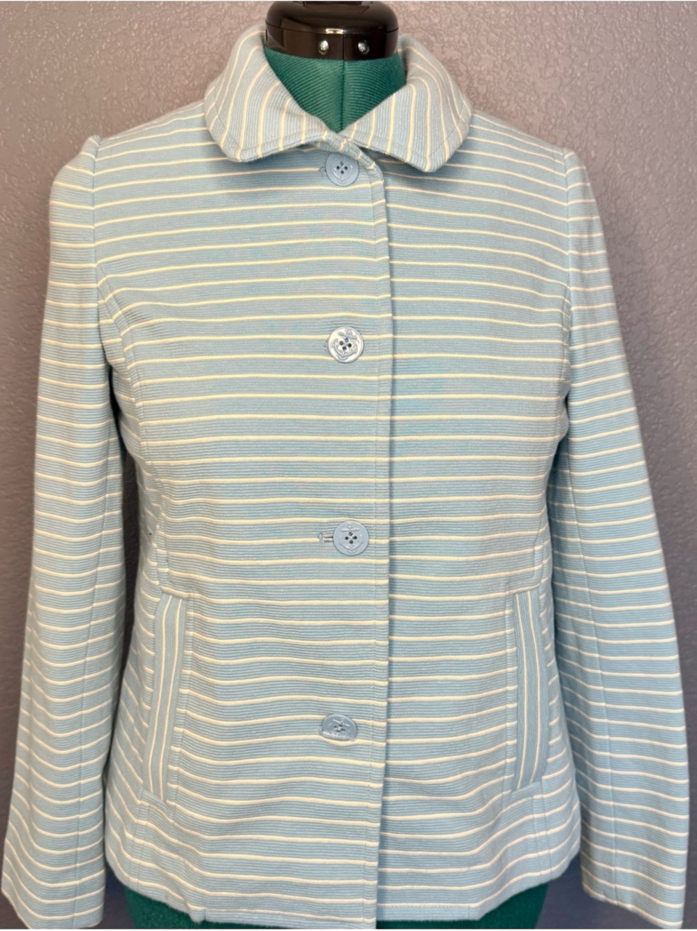 Talbots‎ Petite Blue White Striped Blazer Jacket Textured Button Front Classic